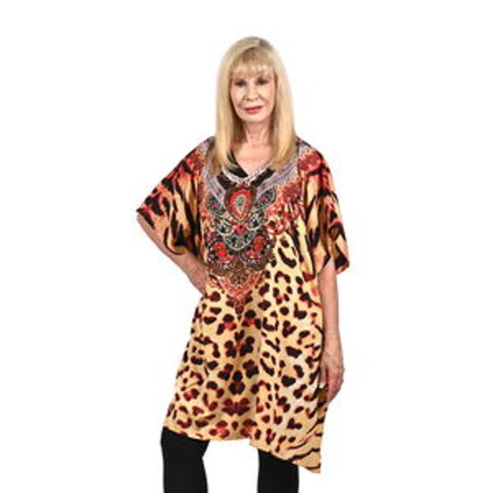 WINLAR Leopard Print V-Neck Short Microfiber Kaftan - One Size Fits up to 3X